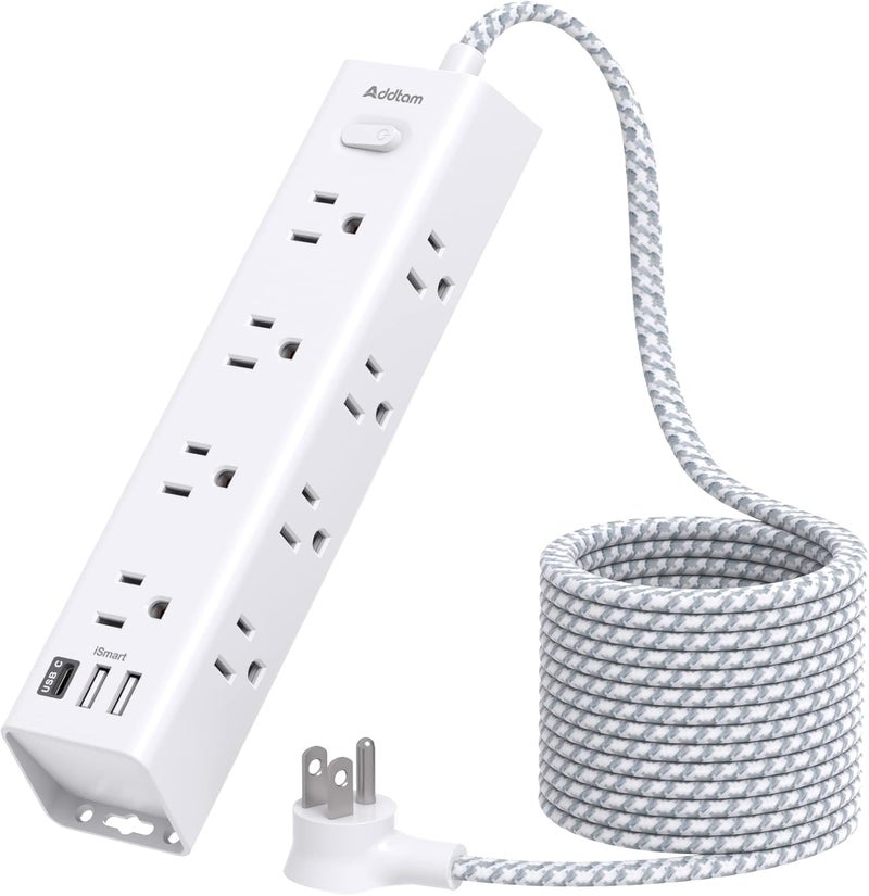 Addtam Surge Protector Power Strip - 25 FT Extension Cord, Power Strip with 12 Widely AC Outlet 3 USB, Flat Plug Wall Mount Overload Protection, 1050J, Desk Charging Station for Home Office, ETL Listed,White - Image 1